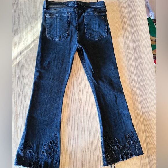 Rag & Bone 10 inch Crop Flare Black Embroidered with Raw Hem -Size 28 - Picture 9 of 10